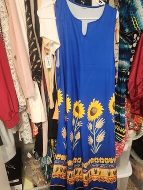 Royal Blue With Yellow Daisies Royal Blue Sunflower Print Maxi Dress